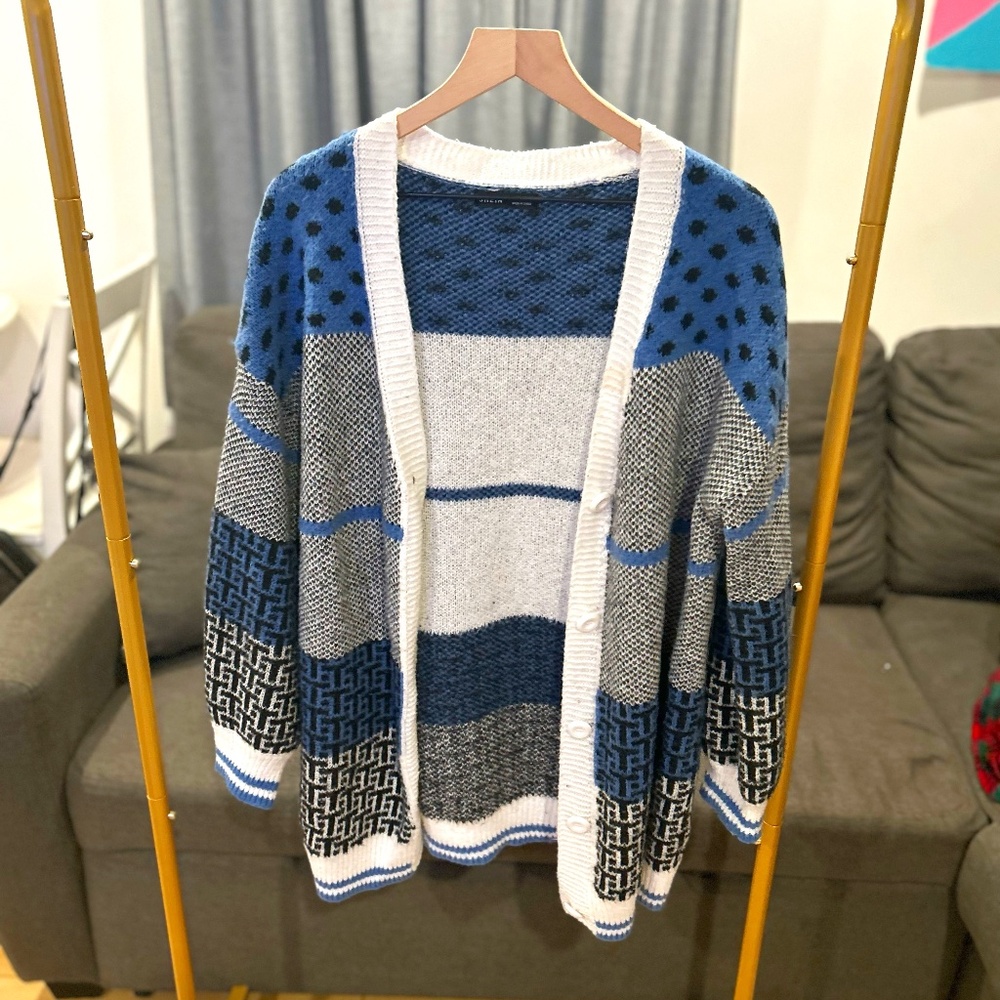 Letter & Polka Dot Pattern Drop Shoulder Cardigan